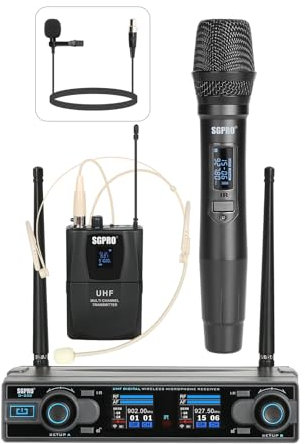 SGPRO Dual Channel Wireless Microphone System - UHF Handheld, Bodypack, Head-Worn & Lavalier Mics for Live Performance, Karaoke, DJ, Church, Classroom & PA Systems (D-332HB)