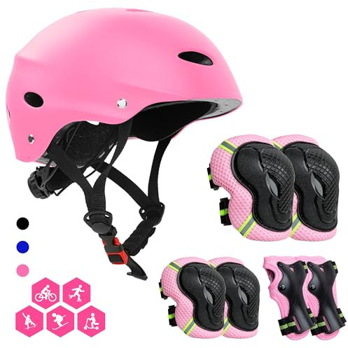 FAYITING Knieschoner Kinder Set 7-in-1, Schoner Inliner Kinder, Knie- und Ellenbogenschützer, Fahrradhelm, Skaterhelm, Skihelm, Protektoren Set, Rosa M