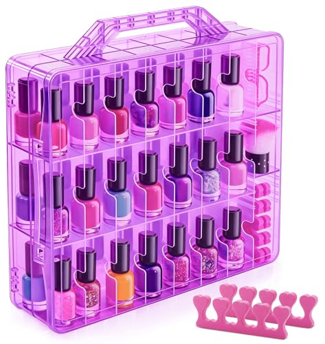 DreamGenius Nail Polish Organizer Case for 48 Bottles with 2 Nail Separators, Double Side Gel Nail Polish Holder with Adjustable Dividers, Purple