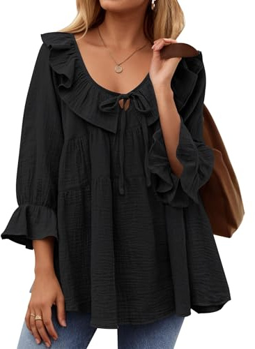 ZESICA Womens Scoop Neck 3/4 Length Sleeve Tops 2026 Casual Tie Front Ruffle Tiered Loose Tunic Shirts Blouses Fall Outfits,Black,Small