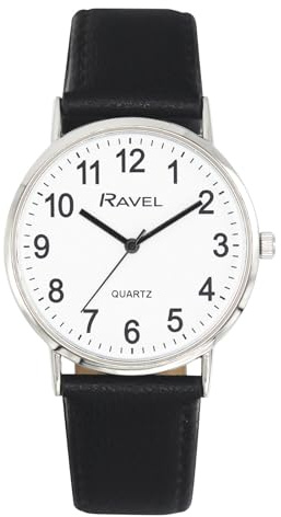 Ravel - Unisex Classic Alltagsuhr mit modernen Zahlen - Analoges Quarzwerk - R0129.20.1 - Schwarz/Silberton/Weißes Zifferblatt mit Zahlen