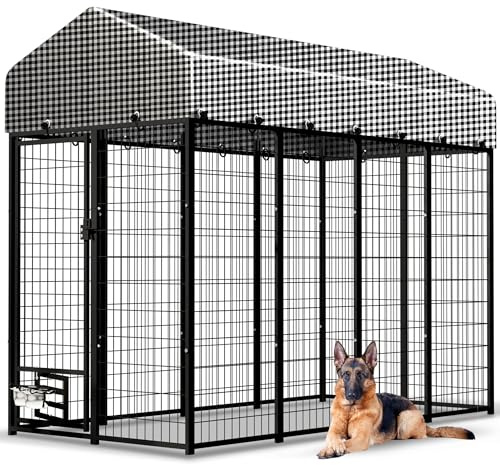 Large Outside Dog Kennel, Outdoor Dog Run Enclosure 8'x4'x6'（Including the roof） Dog Pen House with Roof Cover Heavy Duty Welded Wire Steel Dog Playpen Animal Fence with Feeding Door