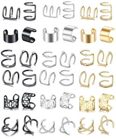 JEXOWIQ 36 Pcs 3 Farben ohrringe ohne ohrloch,Ear Cuff Set Damen Ohrmanschette Ohrringe Earcuffs Set Helix Knorpel Ohrmanschette Ohne Ohrloch Wickelohrring Fakepircings Ohr Cuffs Ohrklemme
