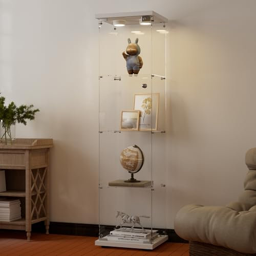 AUFHELLEN Glasvitrine Standvitrine mit LED in Weiß, 164x42.5x36.5CM Modern Glas Vitrine Weißes Holzbrett mit 4 Böden aus ESG für Sammlerstücke Bücher Wein
