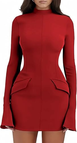 Haibang Vestito Donna Elegante Maniche Lunghe Aderente Mini Abito da Sera con Scollo Rotondo Sexy Vestito Tubino con Tasche Casual Bodycon Dress per Formale Lavoro Discoteca Cocktail Party Festa