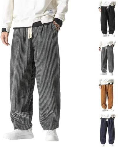 MEIION kirakuco Masaaki - Pantalon en Velours côtelé pour Homme - Coupe Ample et décontractée - Extensible - Taille élastique - Cordon de Serrage - Confortable et Tendance