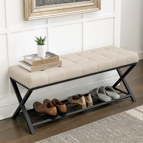 LUE BONA Upholstered Shoe Storage Bench with Shelf, 113cm End of Bed Shoe Bench, Linen Tufted Seat with Metal Frame, Modern Hallway Bench for Bedroom, Living Room, Linen Color