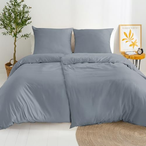 Dreamzie 2 Bettwäsche Set 135x200 Mako Satin - Grau - 2 Bettbezüge 135x200 cm mit 2 Kissenbezüge 80x80 cm - Oeko-Tex Zertifiziert - Bettwäsche 135x200 Baumwolle 4teilig