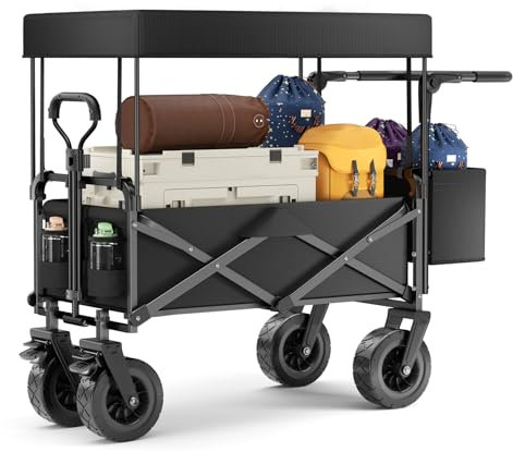 MINENICE Carro Plegable con Techo, 100L Carrito de Jardin - Carga máxima 100KG - Carro de Playa con Rueda Todoterreno - para Jardín y Exteriores (Black)