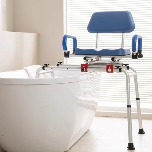 LBMED Silla Ducha Deslizante con Carrusel,Asiento Giratorio IP68 para Bañera con Ventosa Seguridad Antideslizante, Pasamanos Y Cinturón Seguridad,Altura Ajustable 57-72cm,soporta hasta 300lb, Suave