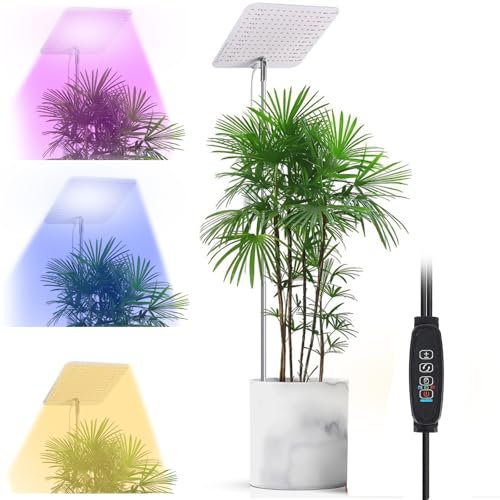 SciFiVisi Lampe LED à spectre complet pour plantes, hauteur réglable 28-115cm, minuterie 3/9/12H, 10 types de luminosité, aluminium, jaune + rouge + bleu