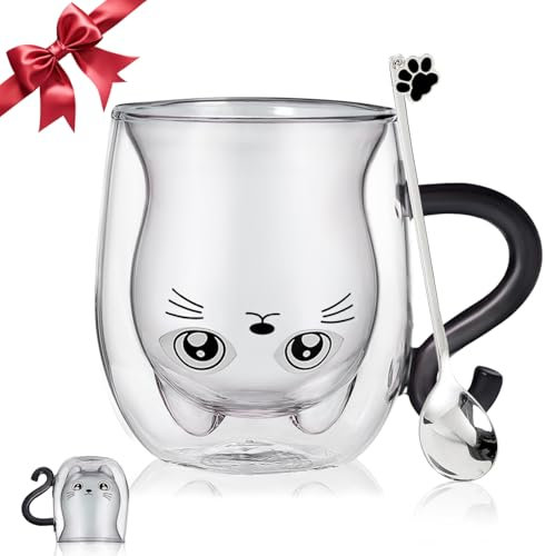 Cadeau Femme Anniversaire Tasse Chat Mignon Verre Double Paroi Tasse à Café Tasse à Thé Cadeau Original Femme Maman Saint Valentin Noël Idée Cadeaux Femme Homme Chat Noir Mug Kawaii