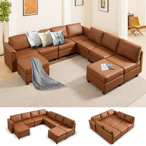 VIKAYAMICS 115 Faux Leather Modular Sectional Sofa with Storage, Modern Sectional Couches with Soft Padded Armrests, Waterproof U Shaped Furniture Sets for Living Room, Apartment, Brown
