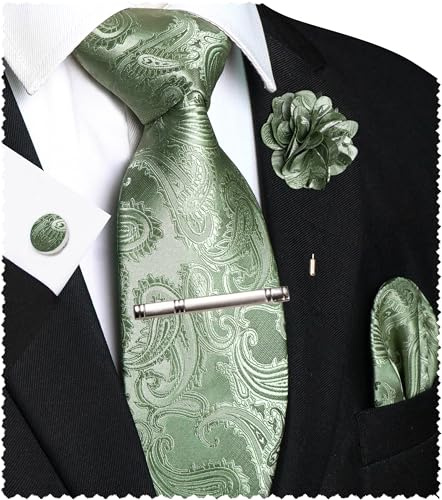 JEMYGINS Paisley Stickerei Design Krawatte Set Herren Einstecktuch Krawattenklammer Manschettenknöpfe Ansteckblume für Hochzeit Party Business Mehrfarbig Salbeigrün