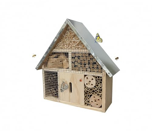Relaxdays Hotel para Insectos en Madera con Techo Metálico Resistente, 28x30x9 cm, para Colgar, Natural/Plateado