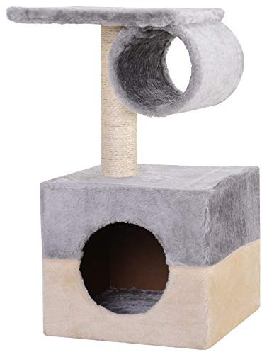 PawHut Rascador Árbol para Gatos 31x31x58 cm con Poste Central Casa Cama de Felpa Suave para Arañar Dormir y Jugar Gris y Beige