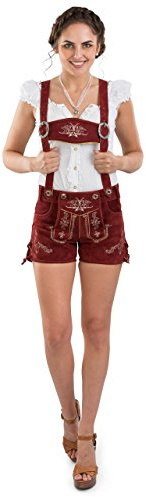 Damer bergrose läderbyxor korta – folkdräktsläderbyxor dam Oktoberfest hotpants, röd, 36
