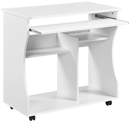 Yaheetech Bureau Informatique Blanc pour Ordinateur à roulettes avec Grand Support Clavier Coulissant/4 étagères en Bois pour Travailler, 80,1 x 48,1 x 76,2 cm, Moderne