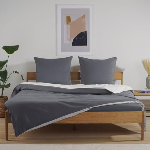 Blumtal Premium Bettwäsche 135x200 Sommer + Kissenbezug 80x80 cm 2er Set - Oeko-TEX zert. Sommer Bettwäsche 135x200 wendbar - maschinenwaschbarer, zweifarbiger Mikrofaser Bettbezug Hellgrau/Grau