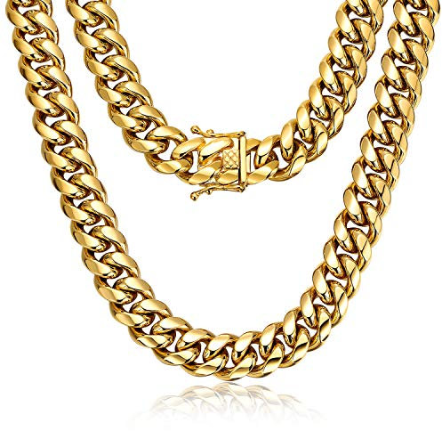ROWIN&CO Halskette Kette Herren Panzerkette Gold Edelstahl Goldkette Hip Hop Rapper Schmuck für Männer Jungen Ketten 45-88cm | 15 mm Dicke Cuban Link Chain Persönlichkeit Gliederkette. (75)