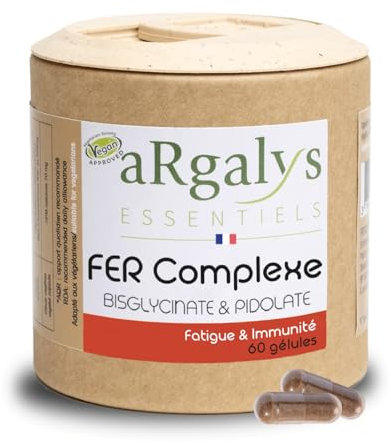 Fer Bisglycinate 14 mg + Vitamine C Bio, Haute Absorption, Sans Troubles Digestifs avec vitamine B9, 60 gélules vegan (2 mois), 100% des besoins, Anti-fatigue + Energie, Argalys