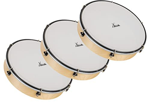 XDrum HTM-10K 10 Handtrommel mit Kunststoff-Fell 3x Set - Rahmentrommeln mit Fell aus Polyester - Stimmbar mit 6 Spannhaken - Holzrahmen aus Ahorn - Ergonomischer Griff - Natur
