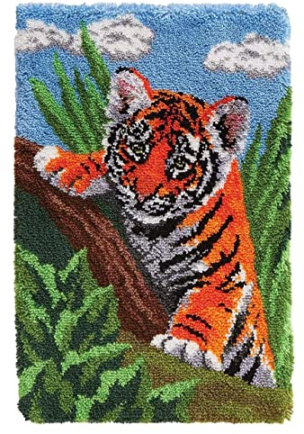 ROCKY&CHAO Wild Tiger Cub Latch Hook Kit 60x40cm, Complete DIY Rug Making Craft Kits with Yarn & Canvas and Crochet Needle, Adult Craft Kits for Women, Latch Hook Rug Relaxing Home Art Project