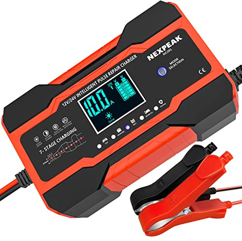 10A Chargeur de Batterie Voiture, NEXPEAK 10A 12V/5A 24V Chargeur de Batterie Intelligent Recharge Batterie Voiture, Mainteneur de Chargeur Batterie, avec Écran LCD pour Moto Camion/AGM/Gel/Wet/SLA