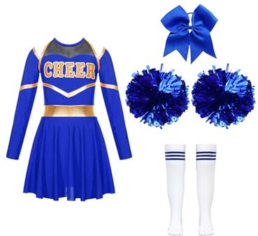 JanJean Kinder Cheer Leader Kostüm Mädchen Langarm Cheerleading Uniform Schulterfrei Kleid mit Pompoms/Harrband Schulmädchen Tanzkleid Halloween Cheerleading Outfits X Dunkelblau 122-128