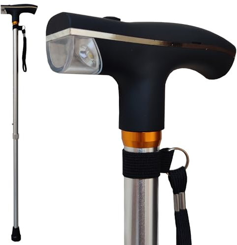 Bastón Extensible con Luz LED, Bastones para Mayores Hombres y Mujeres [Ajustable en Altura], Muévete más Fácil en la Oscuridad, Bastón para Ancianos Ligero y Resistente (Plata)