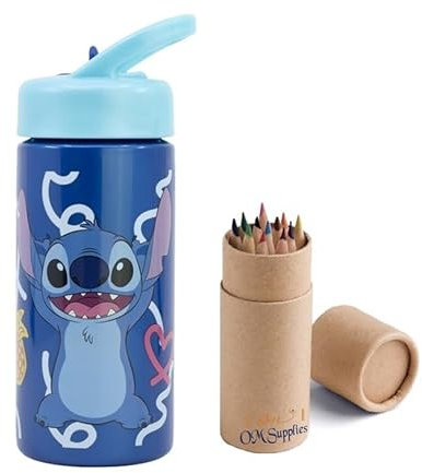 OM SUPPLIES Stitch Characters Wiederverwendbare Trinkflasche, Trinkflasche mit integriertem Griff für einfaches Tragen in der Schule, Mittagessen, Kinder, 410 ml (Stich)