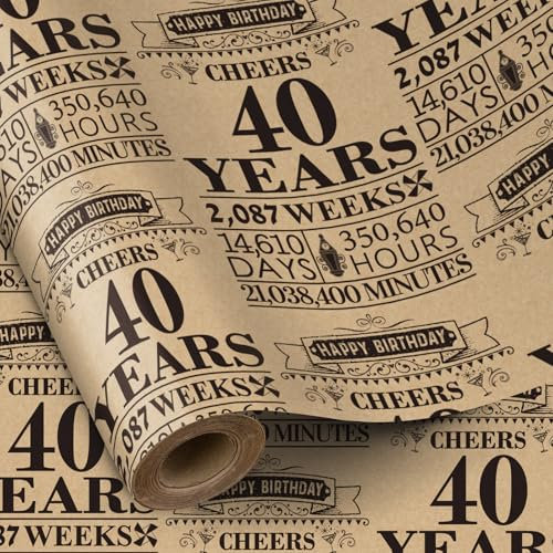 RUSPEPA Geburtstags-Geschenkpapierrolle, Mini-Rolle, schwarz, 40 Jahre Design, Kraft-Geschenkpapier, ideal für Geburtstag, Party, Feiertag, 43,2cm x 5m, 40. Geburtstagsgeschenke für Männer