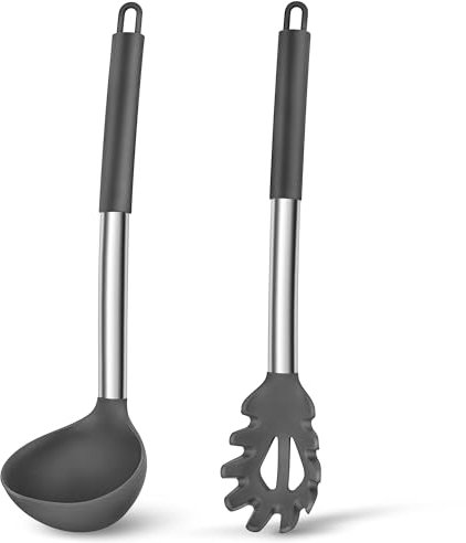 Joyfair Suppenkelle und Spaghettilöffel Set, 2-teiliges Silikon Schöpfkelle und Nudellöffel mit Griff aus Edelstahl zum Kochen/Rühren/Servieren/Ablassen, Gesund & Antihaft, Spülmaschinenfest - Grau