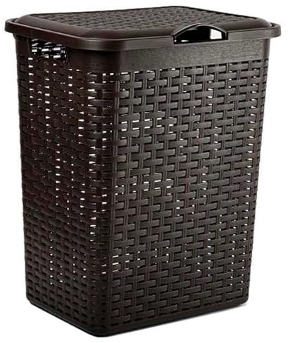 Acan Tradineur - Cesto rattan para ropa sucia con tapa y asas, pongotodo de plástico, cubo para colada, imitación de mimbre, fabricado en España (Wengué - 38 litros - 49 x 38,5 x 29,5 cm)