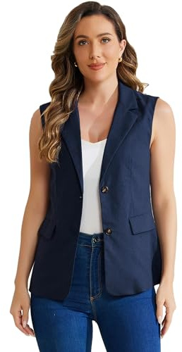Allegra K Gilet Tailleur Donna Elegante Blazer Estivo Senza Manichea Ufficio in Lino Blu XL