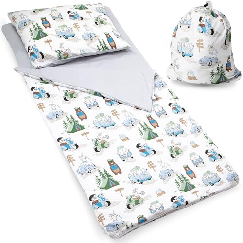PinkZebra Sac de Couchage Couverture pour Enfant de 140 x 75 cm + taie d'oreiller de 60 x 40 cm pour Filles et garçons, en Coton avec Double Fermeture éclair, Motif Camping