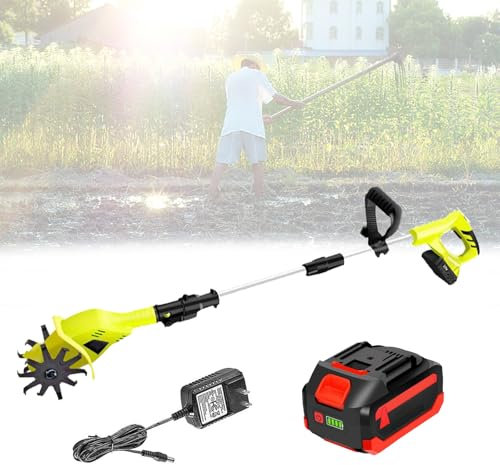 Quixnova Cultivador eléctrico inalámbrico para jardín, Ancho de labranza de 10,5 cm, Profundidad de labranza de 25 cm, Longitud de Agarre Ajustable de 97-127 cm, cultivadores eléctricos para excavar
