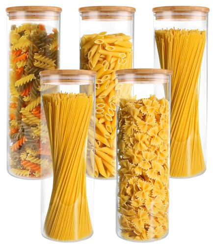 LDXDRU Set di 5 barattoli per alimenti in vetro con coperchio, 2100 ml, 10 cm x 10 cm x 30 cm, stile naturale minimalista, barattolo per spaghetti, pasta, cereali