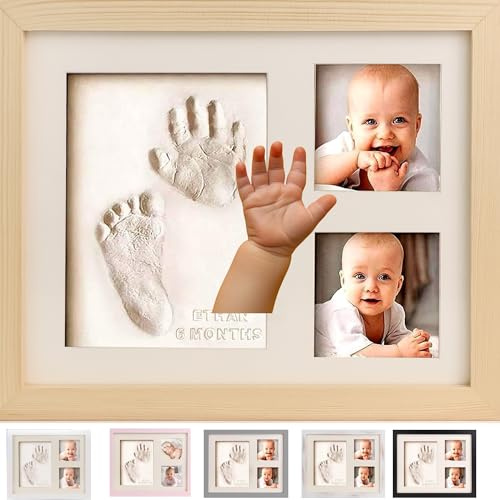 Bubzi Co Handabdruck Fußabdruck Baby Fotorahmen Set für Neugeborene Mädchen Jungen, Gerahmte Bilder Baby Geschenk, Fotoalbum, Andenkenbox, Wanddekoration für Zimmer Kinderzimmer (Natural Wood)