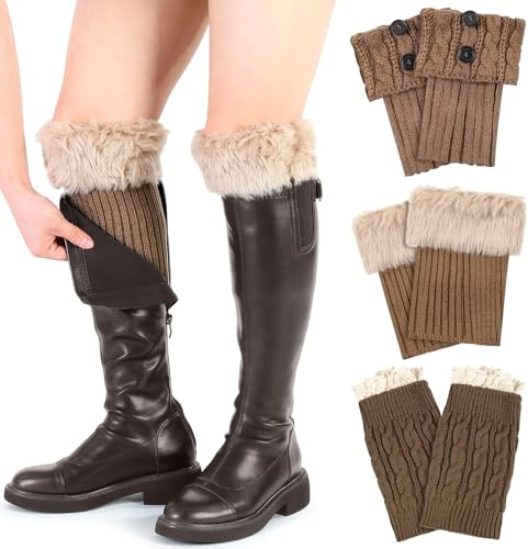 Shyyween 3 Pairs Winter Warm Boot Cuffs Leg Warmers Ankle Warmers for Women Short Boot Socks Crochet Knitted Furry Leg Warmers for Winter