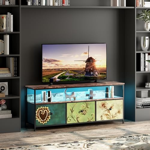 Mueble TV 137 cm, Mueble TV industrial con 3 cajones mesa TV salón mueble televisión LED madera banco TV tejido cajones bastidor de acero mueble de almacenamiento industrial dormitorio (3