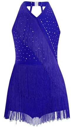 TiaoBug Leotardo De Baile Latino con Flecos para Niñas Maillot De Patinaje Competición Vestido De Tango Latino Rumba Cha-Cha Samba Azul 11-12 años