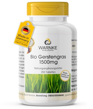 Erba d'orzo biologica - 250 compresse - Hordeum vulgare - ALTO DOSAGGIO - Qualità farmaceutica tedesca - vegano | Warnke Vitalstoffe