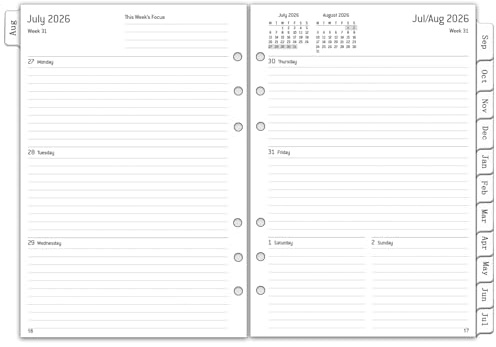2026 2027 Planificateur Hebdomadaire A5 6 Trous, 1 Semaine 2 Pages avec Registres Mensuels, Notes, Contacts, Août.2026-Juil.2027, Papier de Calendrier 100GSM, Organiseur Planificateur 2026/27