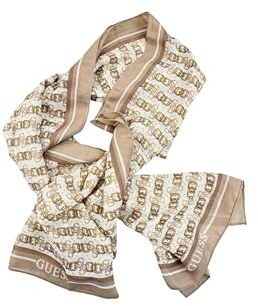GUESS Sciarpa da Donna in Poliestere, Motivo Catene Oro e Logo, Beige e Bianco, 60 x 180 cm
