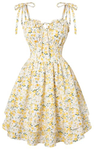 SCARLET DARKNESS Vestido floral para mujer y adolescente, vestido de verano ajustable con lazo en los hombros, vestido corto con dobladillo escalonado
