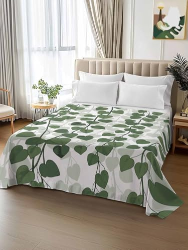 Top Sheet Full Bedding Flat Sheet Only, Spring Plants Ivy Microfiber Bed Sheets Soft Breathable Bedding Flat Sheets, Green Heartleaf Philodendron Hotel Luxury Top Sheets