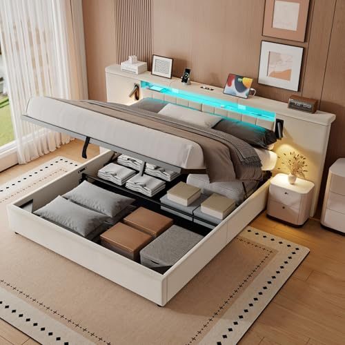 Mydtt Cama 180x200 Camas Matrimoniales con Almacenaje, Cama Matrimonio con LED y Cabecero, Cama Canape con USB y lámpara de Lectura, Estructura Cama Doble con Somier, Sin Colchón, Terciopelo Beige