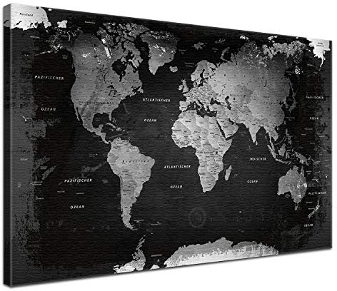 LANA KK - Premium Pinnwand Weltkarte - Retro Bunt - Deutsch - in 150 x 100 cm, stabile Rückwand zum Pinnen inkl. Starterkit - Leinwand-Kunstdruck Wandbild Landkarte XXL