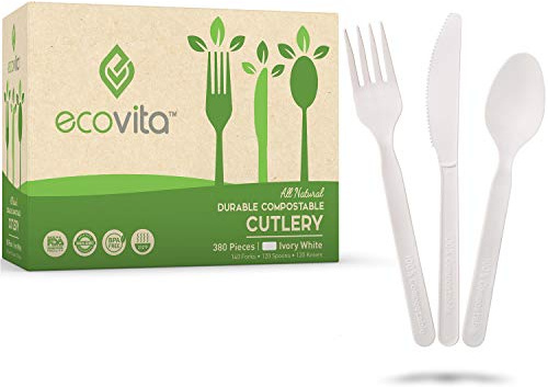 Ecovita 100% Compostable Forks Spoons Knives Cutlery Combo Set - 380 Large Disposable Utensils (7 in.) Eco Friendly Durable and Heat Resistant Alternative to Plastic Silverware with Convenient Tray